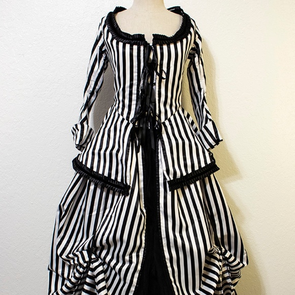 Black and White Striped Gothic Rococo Gown - Picture 3 of 11